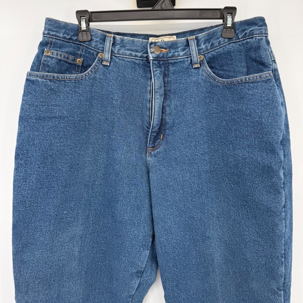 L.L. Bean Fleece Lined Jeans Women 16 PET Blue Relaxed Fit High Rise Red Lining‎
